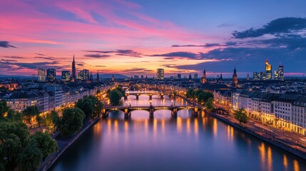 Obraz premium Stunning Evening Skyline of Frankfurt with Colorful Sunset Reflections