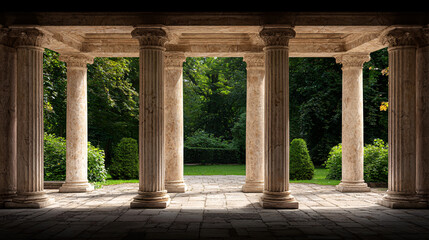 Naklejka premium Architectural Columns Creating a Tranquil Garden Vista with Stone Paving and Lush Greenery