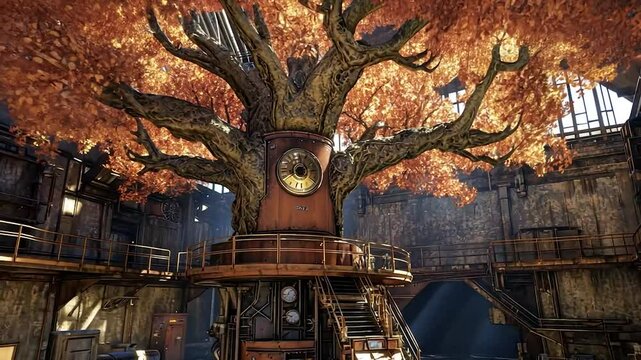 Rusty factory interior, giant clock tree
