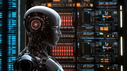 Futuristic Robot Profile with Digital Circuitry in a High-Tech Environment