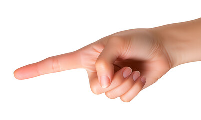 Pointing gesture of a Caucasian woman's hand emphasizes an idea or instruction in a business context on a white or transparent background, isolated hand pointing png image