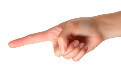 Pointing gesture of a Caucasian woman's hand emphasizes an idea or instruction in a business context on a white or transparent background, isolated hand pointing png image