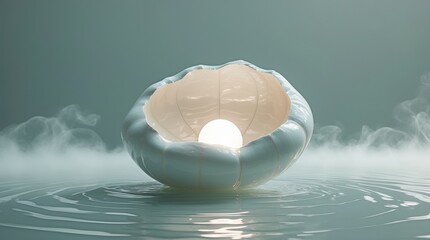 A glowing pearl shell floating serenely on water, ideal for calm and mystical designs.