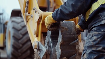 A construction worker unloading equipment at a building site. Featuring teamwork and efficiency