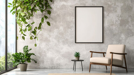 Fototapeta premium Interior View with Decorative Plants Armchair and Blank Frame on Plaster Wall Backdrop Setting