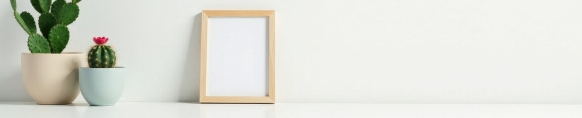 Obraz premium White desk, cactus, empty picture frame mockup, minimal, top view, modern