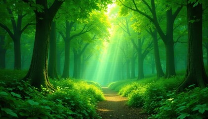 Obraz premium Dense forest, emerald canopy overhead, sunlight dappling ground, woodland, wild