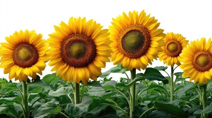 Fototapeta premium Sunflowers in Bloom: A cluster of cheerful yellow sunflowers stand tall and proud, their vibrant petals reaching for the sun. Their cheerful demeanor radiates warmth and positivity.