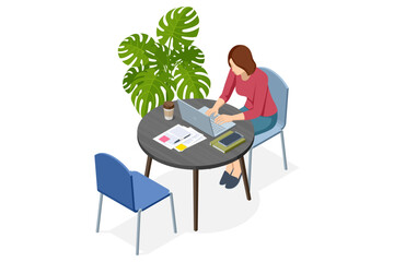 Fototapeta premium Isometric vector illustration of a woman working on a laptop in a coworking area with coffee and documents. Project tracking, agile workflow