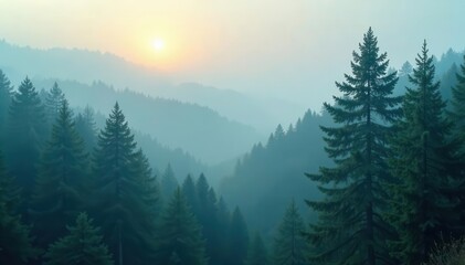 Fototapeta premium Dense fog veils towering trees, light filtering through, peaceful, wild, woods