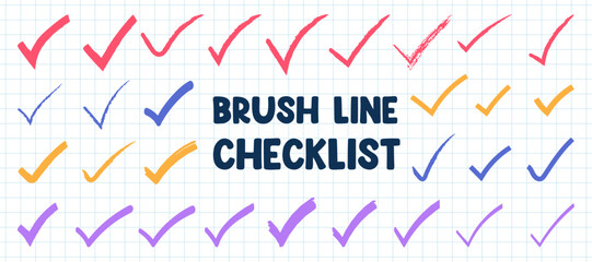 Checkmark checklist brush line doodle in various style. Brush lines checkmark, checklist, check element vector illustration. Marker, pen, and sketch style tick symbols and checkboxes illustration