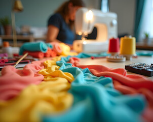 Creative workspace featuring a woman using a sewing machine, colorful fabric, and sewing tools, ideal for illustrating creativity, crafting, and design projects