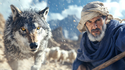 Shepherd Defending Flock from Wolf Attack in Rugged Terrain Pastoral Guardianship Against Wild Peril