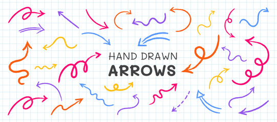 Arrows hand drawn brush lines in various color and style. Curved, zigzag, swirl, direction, arrows element vector illustration. Colorful sketch simple lines hand drawn arrows collection