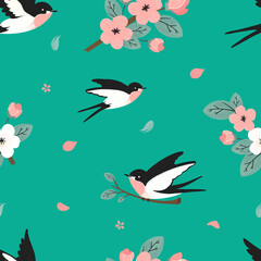 Seamless pattern with swallows and blooming cherry branches on green background in flat cartoon style