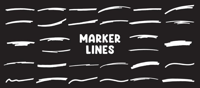 White highlighter marker brush lines vector set collection. Underline lines, scribbles, curved, thick and thin marker pen lines. Realistic pen line vector elements for highlighting and decoration