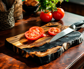 kitchen table wooden board, cutting juicy tomato with knife, photo