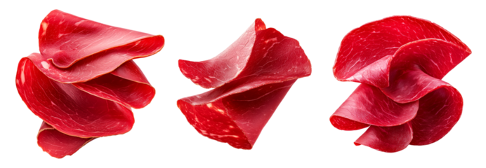 Set of thin slices of cured meat Bresaola with marbled texture isolated on white transparent background, concept of delicacy.