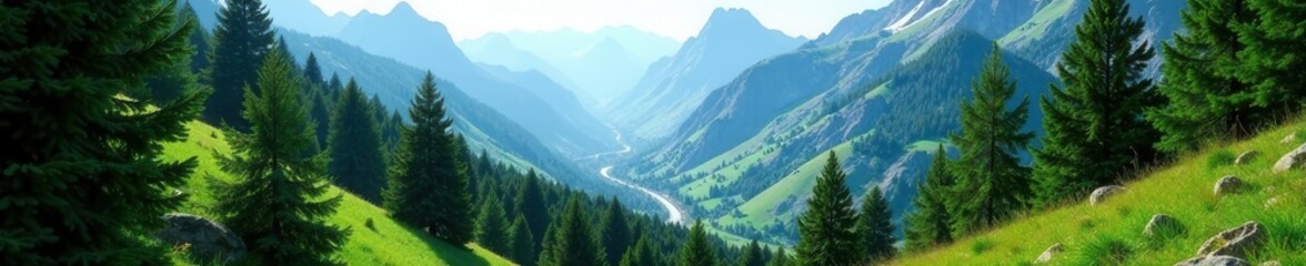 Obraz premium Dense pine growth, vibrant green valley, majestic mountain backdrop, remote, ecosystem