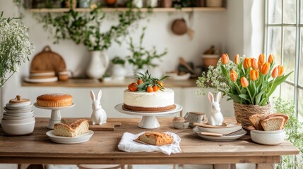 Charming Easter table with white rabbit figurines, rustic cake, and vibrant orange tulips