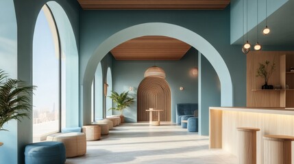 Fototapeta premium Chic interior with sculptural lighting, soft furnishings, and elegant blue backdrop