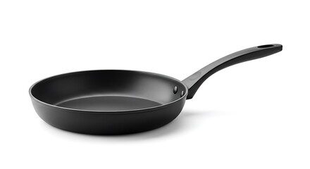 Black Non-Stick Frying Pan, Angled View on White, Kitchenware Simplicity.