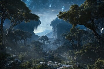 Majestic forest landscape under starry night sky with mist and towering trees