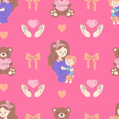 Mother Day Seamless Pattern with Woman and Child. Happy female holding and embracing little baby boy heart love bow teddy bear seamless pattern. Repeat vector illustration