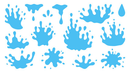 Blue Water Splashes Set. Minimal hand drawn liquid spray sprinkles blot blob drop elements collection. Vector illustration in flat style