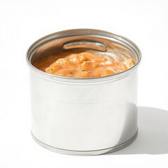 A metal can of creamy, chunky salmon pasta salad sits on a bright white background ready to be eaten.