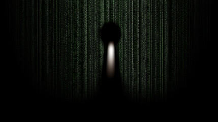 Binary code streams down dark background, forming keyhole shape, symbolizing digital security