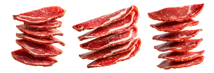 Set of thin slices of cured meat Capocollo isolated on white transparent background, showcasing marbled texture and vibrant red color, concept of gastronomy