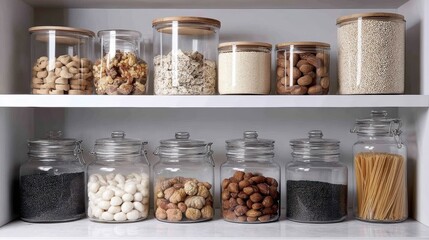 A fully stocked pantry, showcasing organization and abundance - ingredients spices provisions kitchen stocked