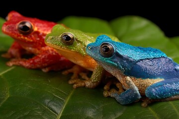 Naklejka premium Unique frogs in red green blue on leaf for contrast 
