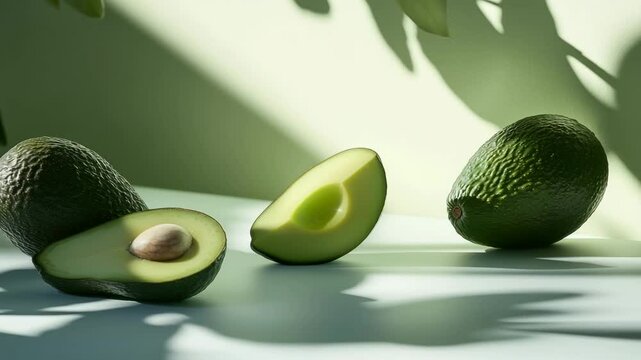 A close up of a green avocado with the seed removed. The avocado is cut in half and the seed is visible. Concept of freshness and health, as avocados are known for their nutritious properties