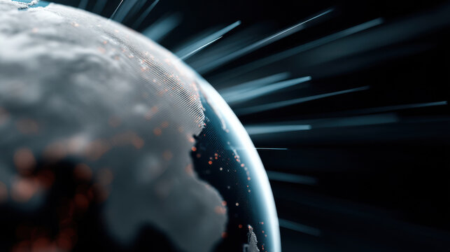 Futuristic digital globe with glitching effects on screen, showcasing global data connections - Powered by Adobe