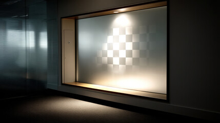 Frosted glass wall with checkered pattern illuminated by spotlight in modern interior