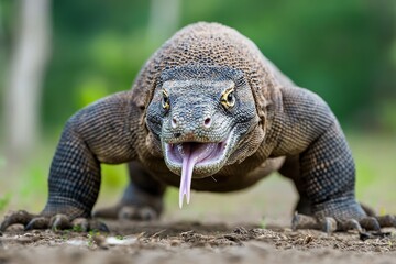 Obraz premium A Komodo dragon stalking its prey in a dense jungle, its forked tongue flicking out
