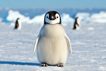 Obraz premium A baby penguin chick covered in soft gray down, waddling across the ice near its parents