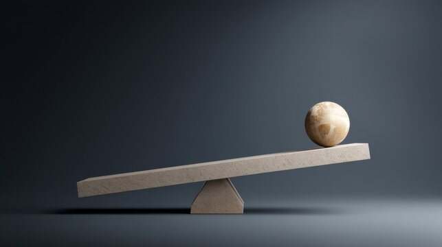 minimalistic scale tipped heavily to one side with globe on top, creating sense of imbalance