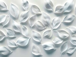 Delicate white leaves cascade across the surface in a serene pattern, the subtle play of light and shadow brings depth and texture to the organic composition.