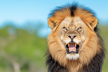 A black-maned lion roaring into the wind, its mane wild and untamed