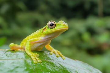 Obraz premium A bright green tree frog sitting on a leaf, its sticky toes gripping firmly (Amphibian)