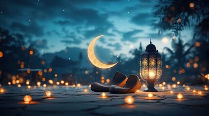Night scene with lantern, moon, and shoes
