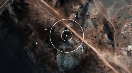 Satellite image fragment with conflict icons overlaid on rugged terrain