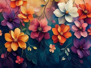 Fototapeta premium A vibrant composition of blossoming flowers in a watercolor style. Featuring intricate petals and captivating hues, perfect for enhancing artistic projects.