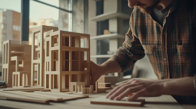 Carpenter assembling a custom wooden cabinet. Featuring craftsmanship and attention to detail