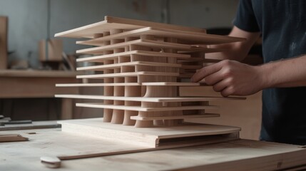 Obraz premium Carpenter assembling a wooden bookshelf at a workshop. Featuring focus and technique