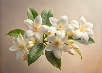 Obraz premium Elegant Crepe Jasmine Blooms: Delicate White Flowers, Soft Neutral Background, Fashion Photography