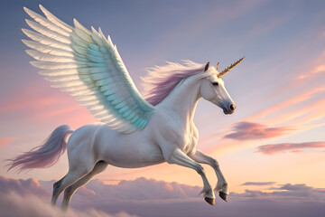 Realistic white unicorn pegasus flying with soft wings at sunset

